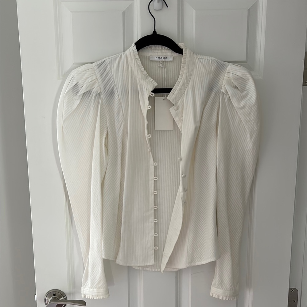 NWT Frame Denim White Puffer Sleeve Blouse with Mandarin Collar